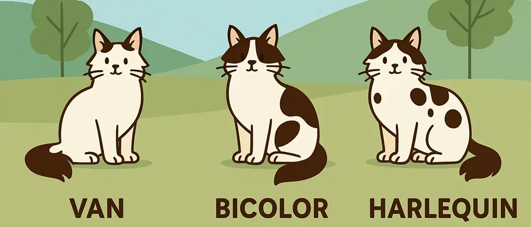 Répartition indicative de la panachure blanche : Van, Harlequin, Bicolore, 09